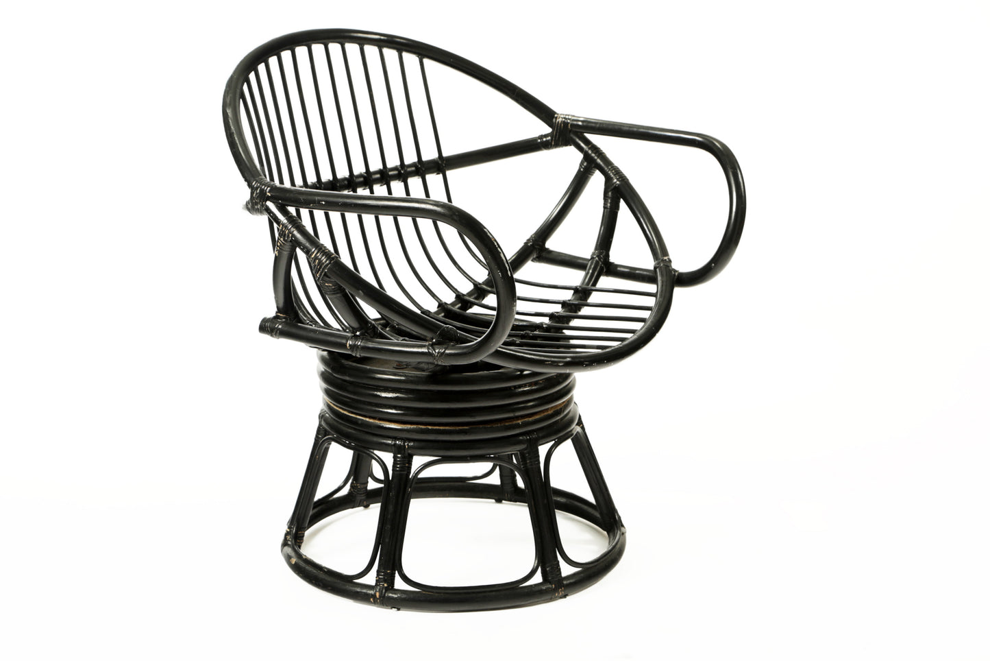 Set of four 1960s black lacquered bamboo armchairs and table