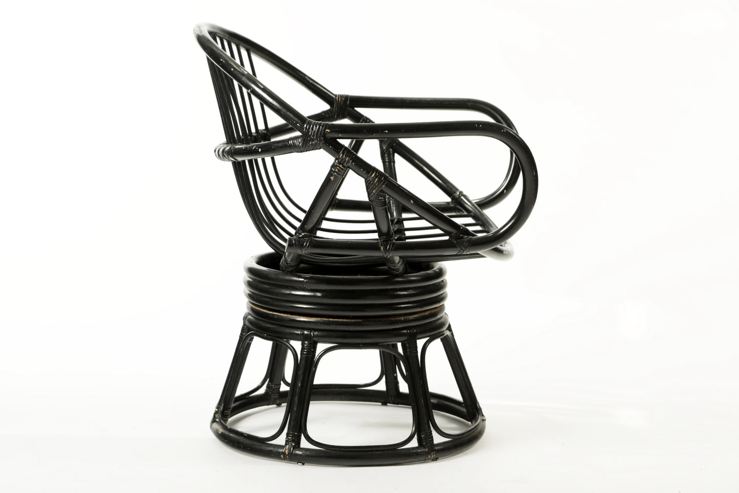 Set of four 1960s black lacquered bamboo armchairs and table