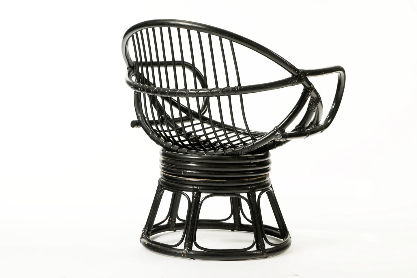 Set of four 1960s black lacquered bamboo armchairs and table