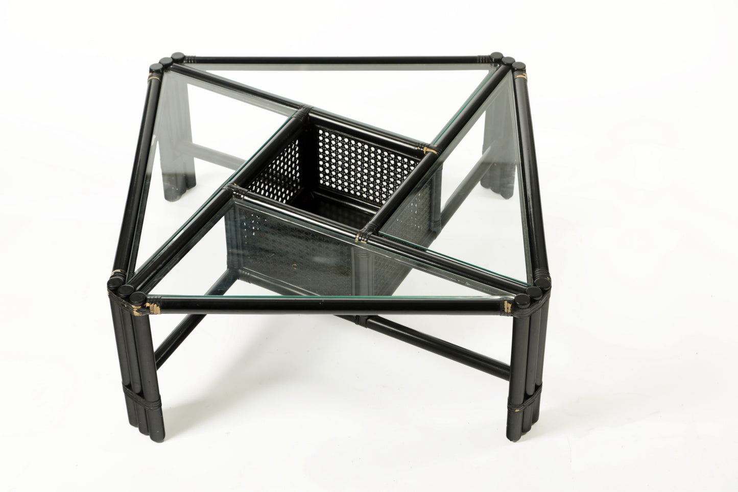 Set of four 1960s black lacquered bamboo armchairs and table