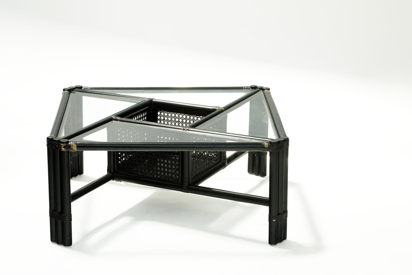 Set of four 1960s black lacquered bamboo armchairs and table