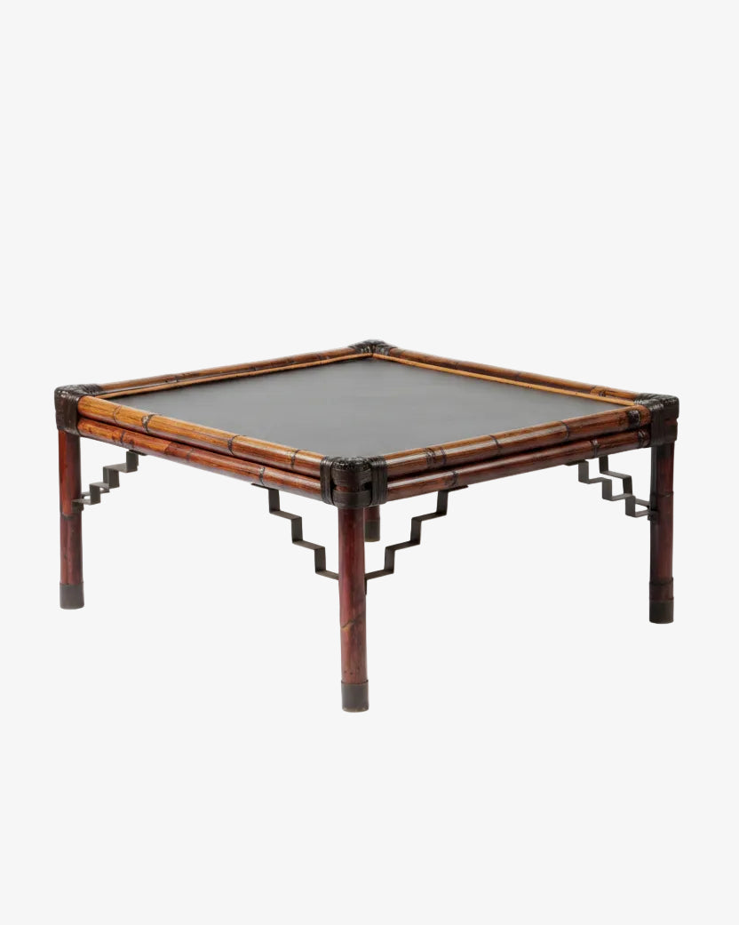 70s bamboo living room table with black top