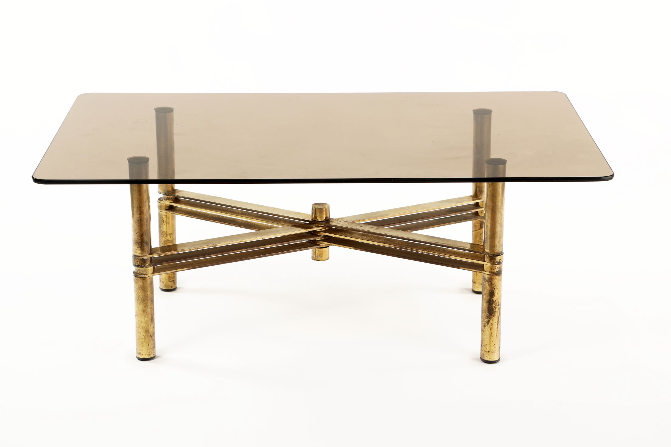 Living room table from the 70s in brass and smoked glass