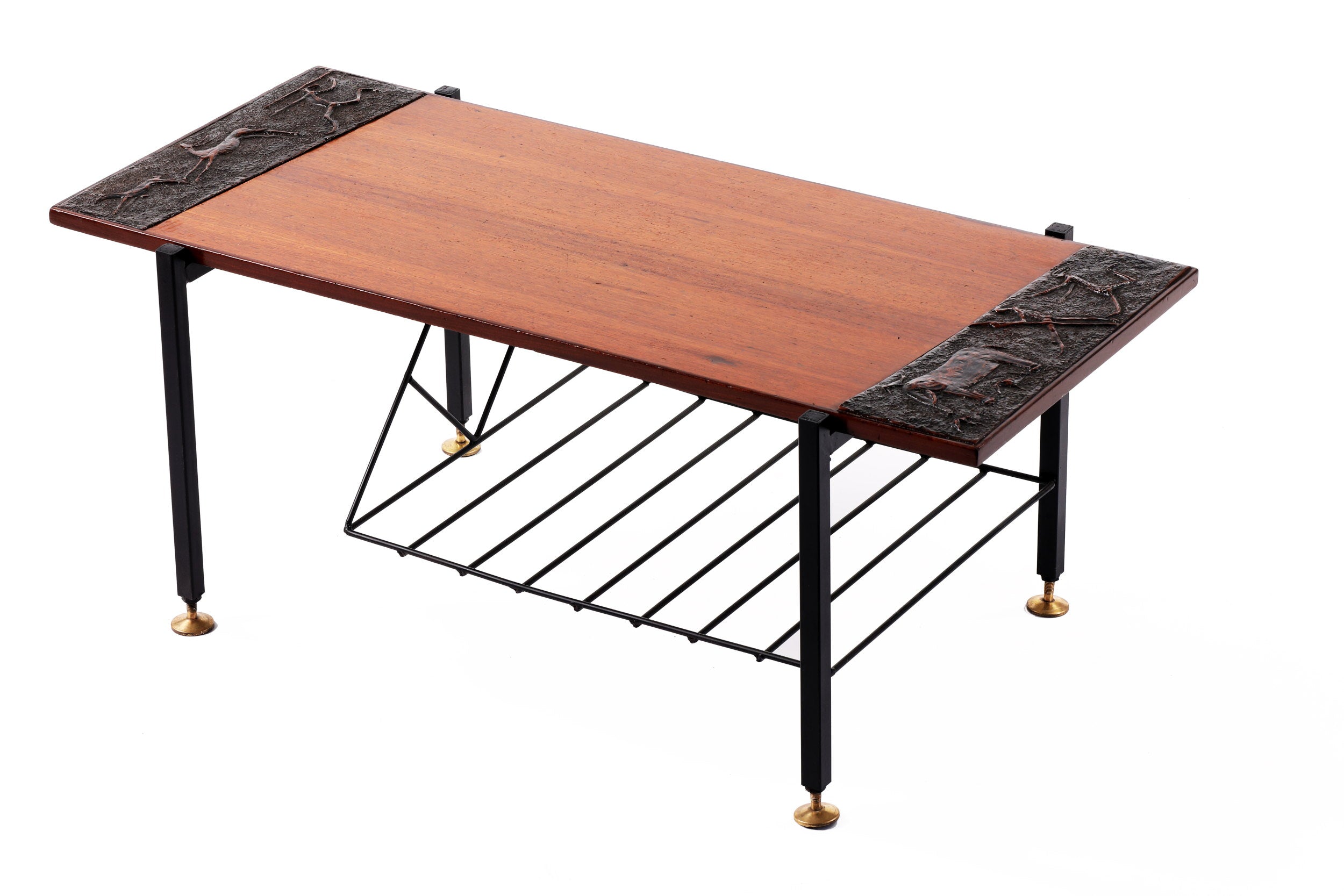 Living room table in wood and pressed leather from the 70s