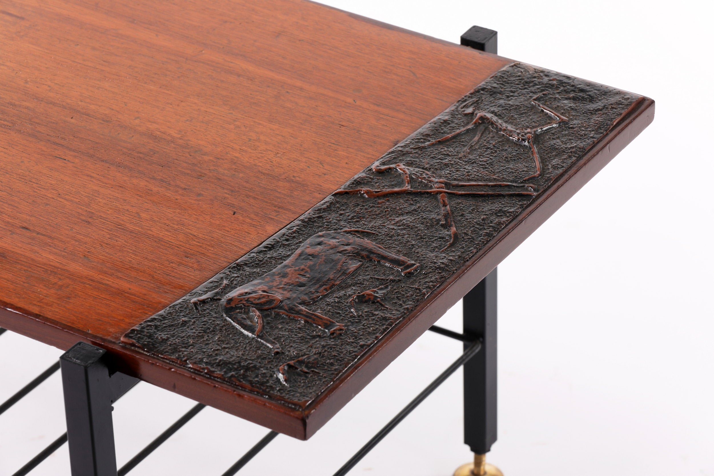 Living room table in wood and pressed leather from the 70s