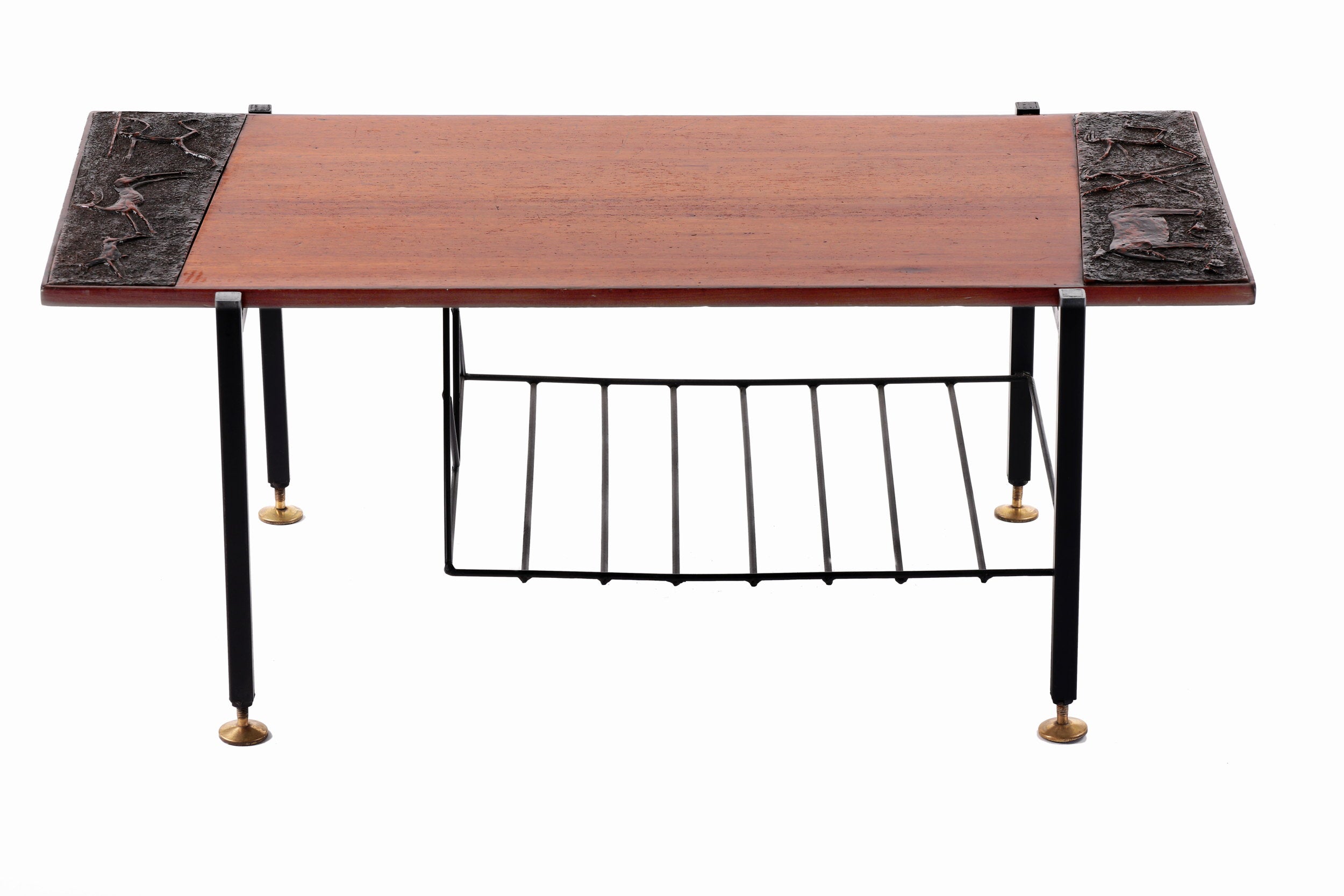 Living room table in wood and pressed leather from the 70s