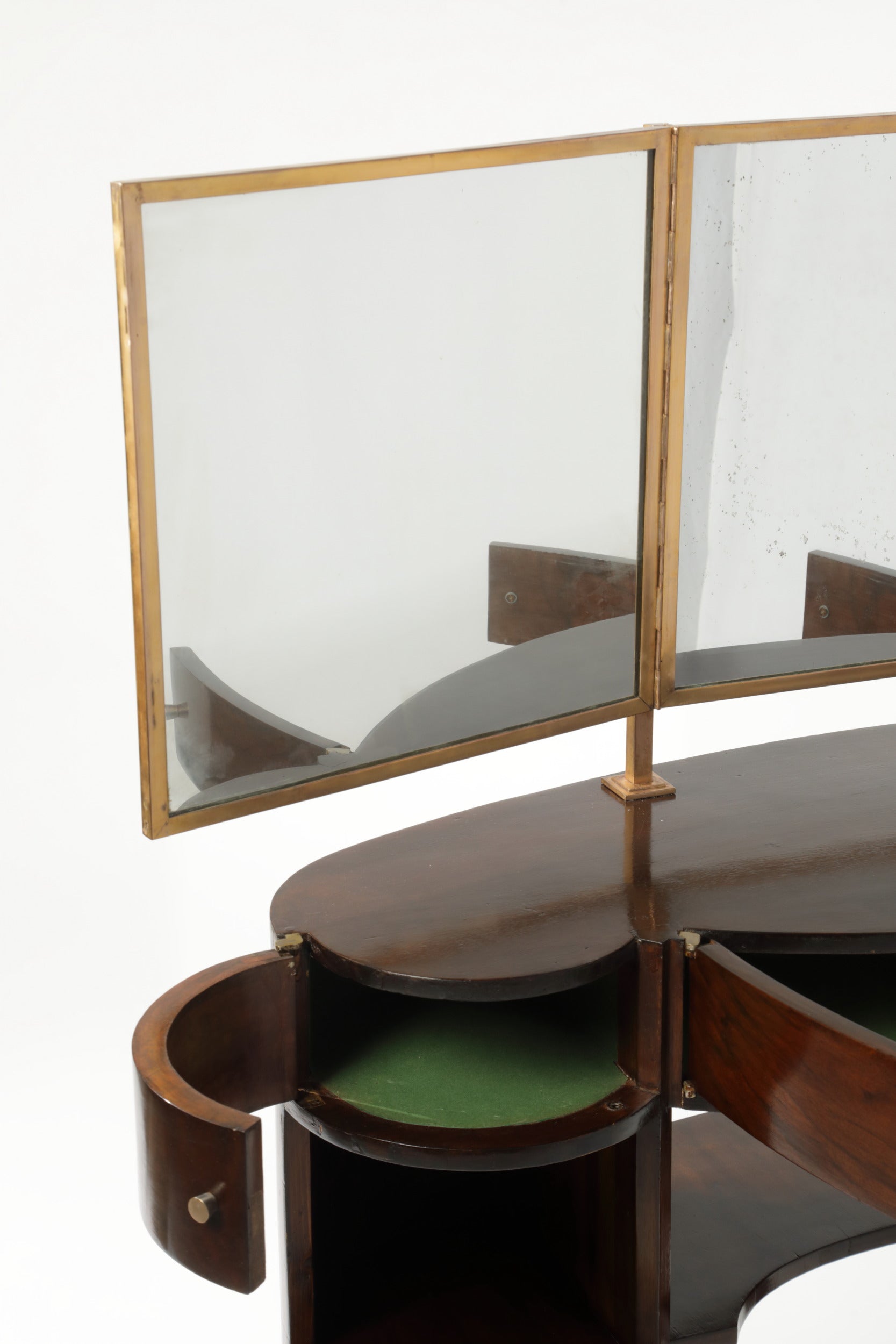 1940s dressing table, wood, mirror, 3 doors, brass