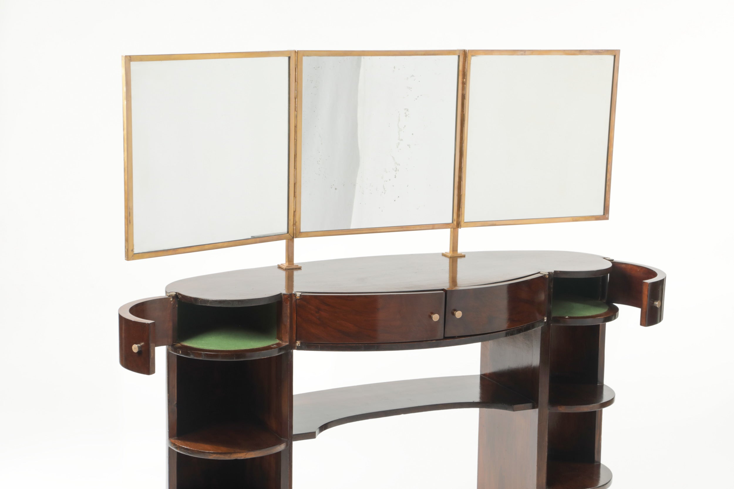 1940s dressing table, wood, mirror, 3 doors, brass