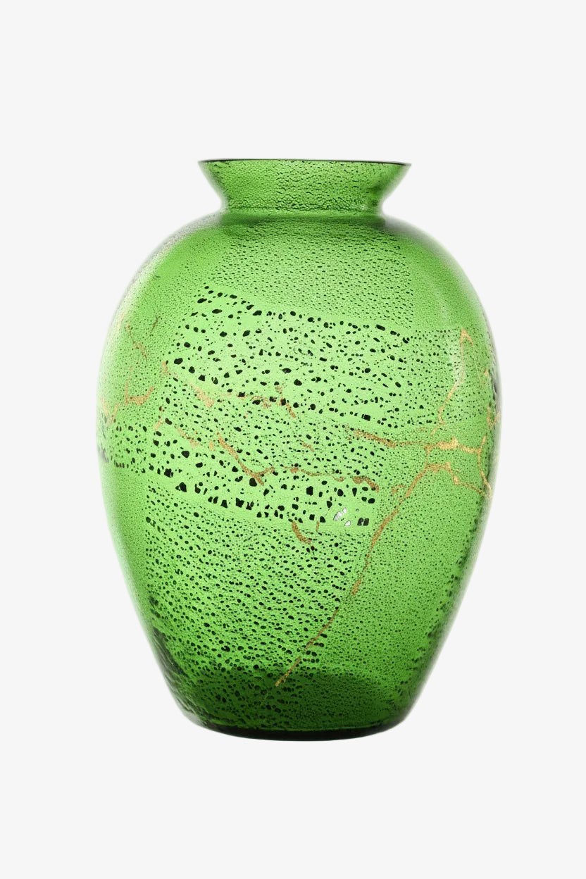 Murano glass vase green gold leaf 1960s