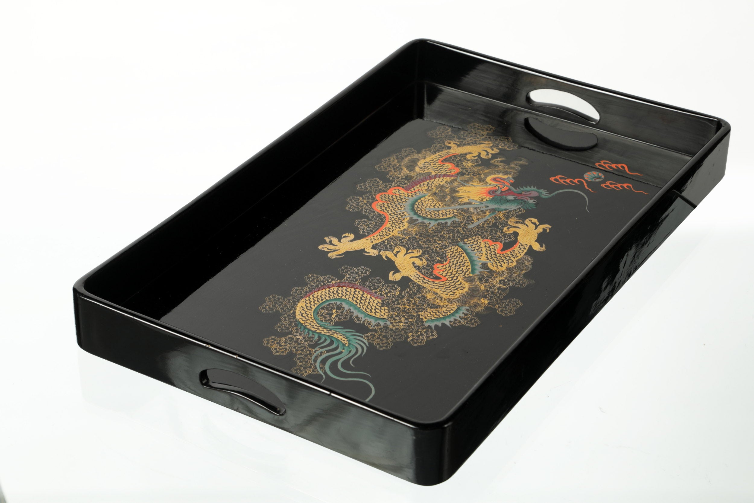 Dragon black lacquered wooden tray