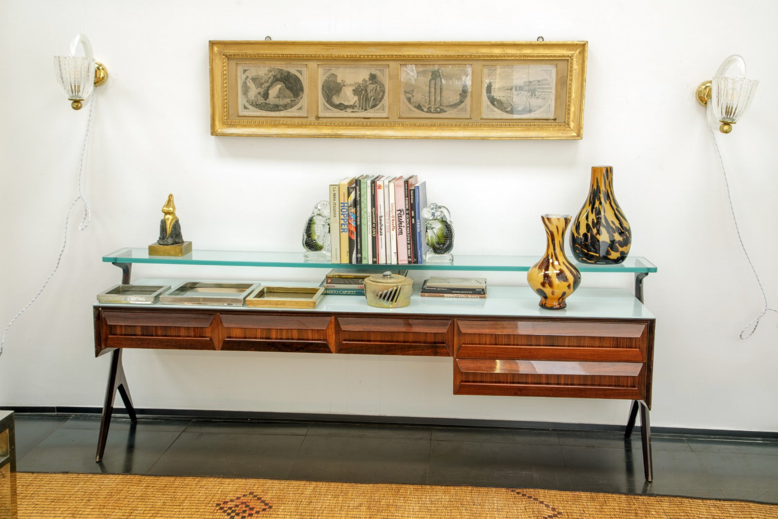Pair of 60s double glass shelf bedside tables Vittorio Dassi