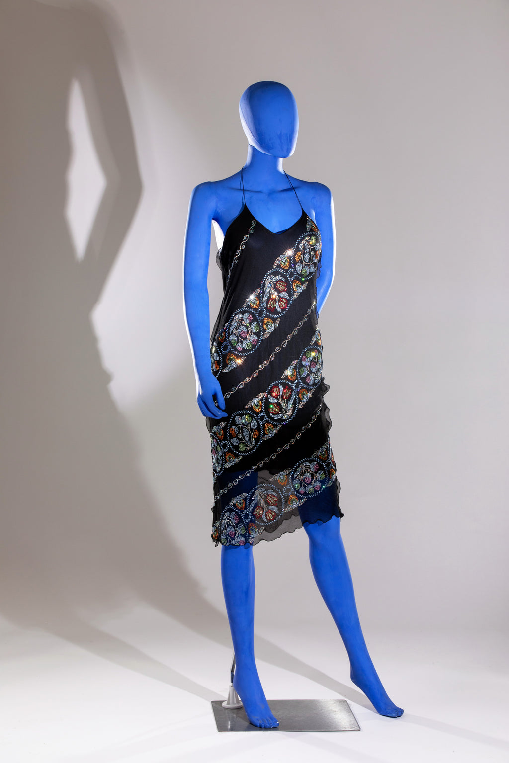 Fendi spring/summer 2000 collection dress in black chiffon with colored rhinestone appliqués