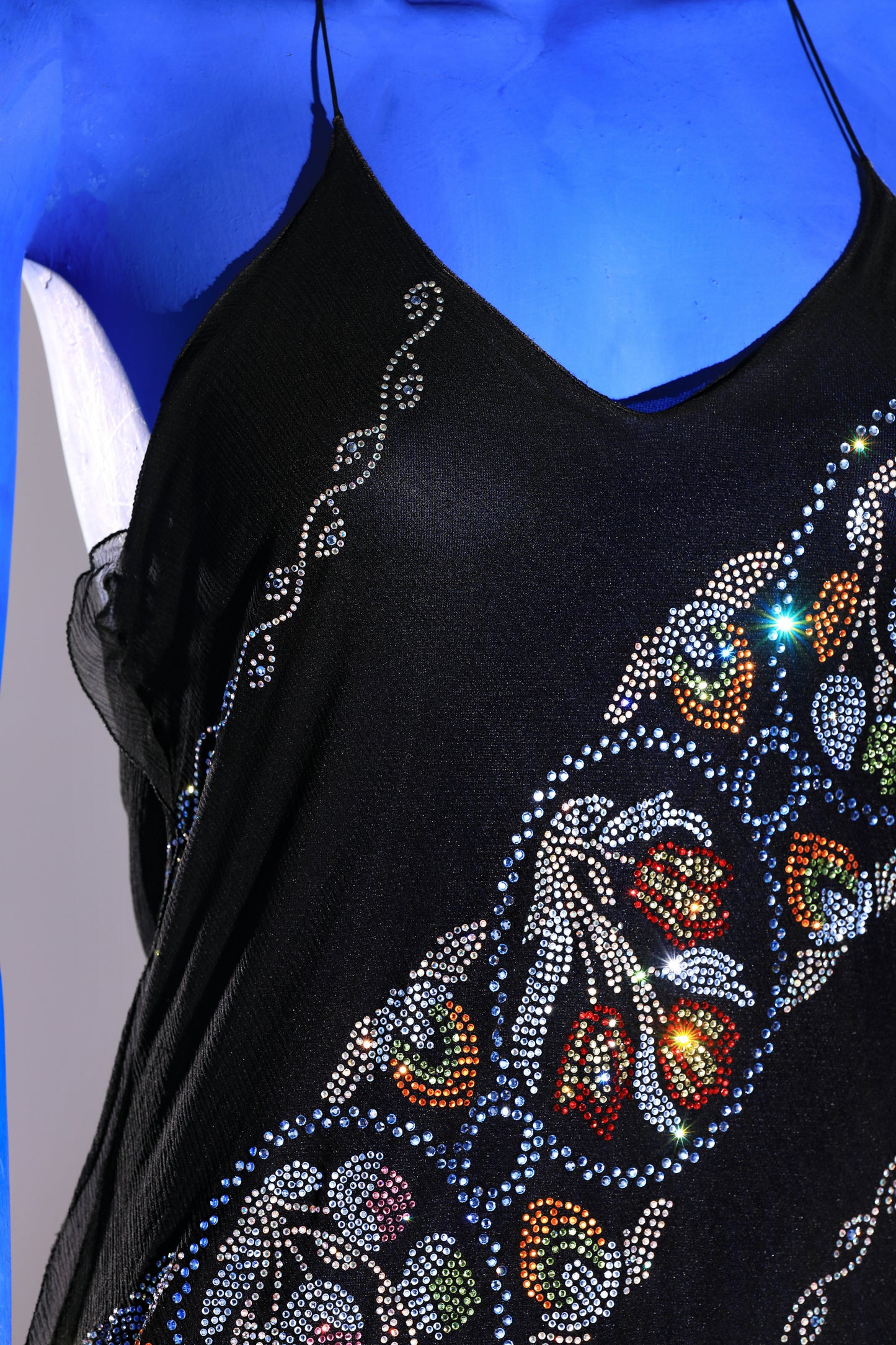 Fendi 90s dress in black chiffon with colored rhinestone applications