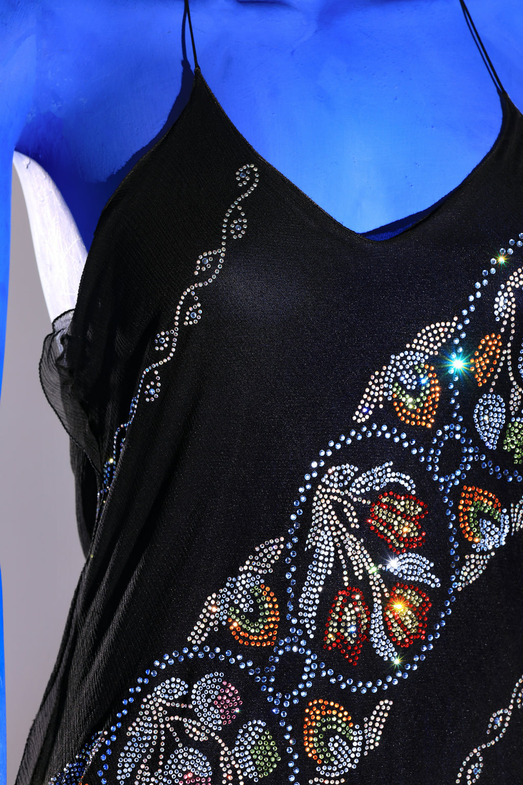 Fendi spring/summer 2000 collection dress in black chiffon with colored rhinestone appliqués