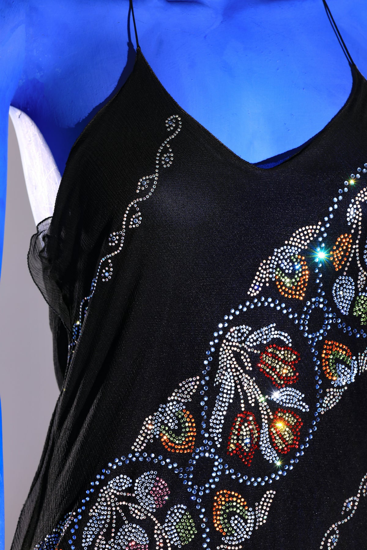 Fendi spring/summer 2000 collection dress in black chiffon with colored rhinestone appliqués