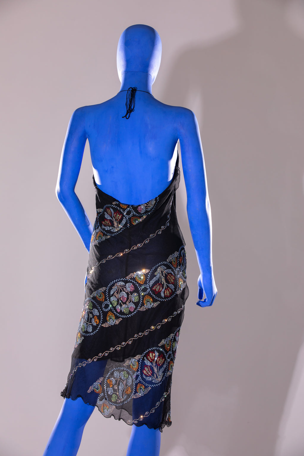 Fendi spring/summer 2000 collection dress in black chiffon with colored rhinestone appliqués