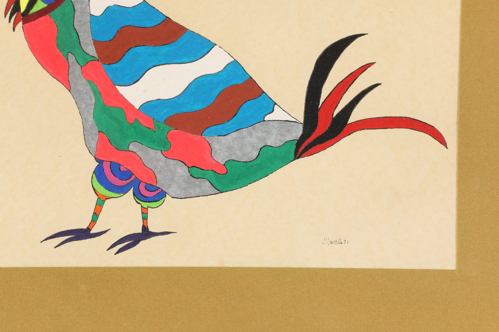 1970s painting Watercolor on paper with abstract birds