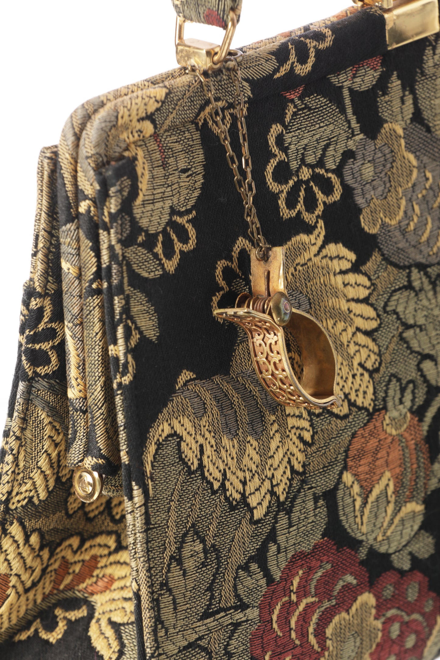 1960s embroidered handbag, golden hardware, with scarf holder.