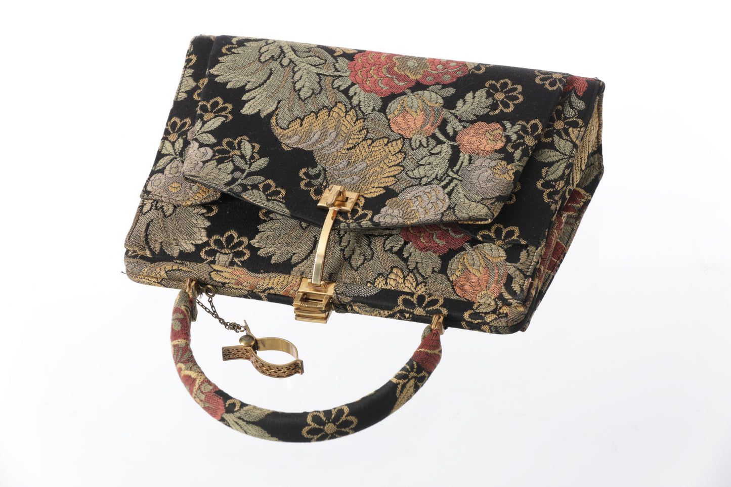 1960s embroidered handbag, golden hardware, with scarf holder.