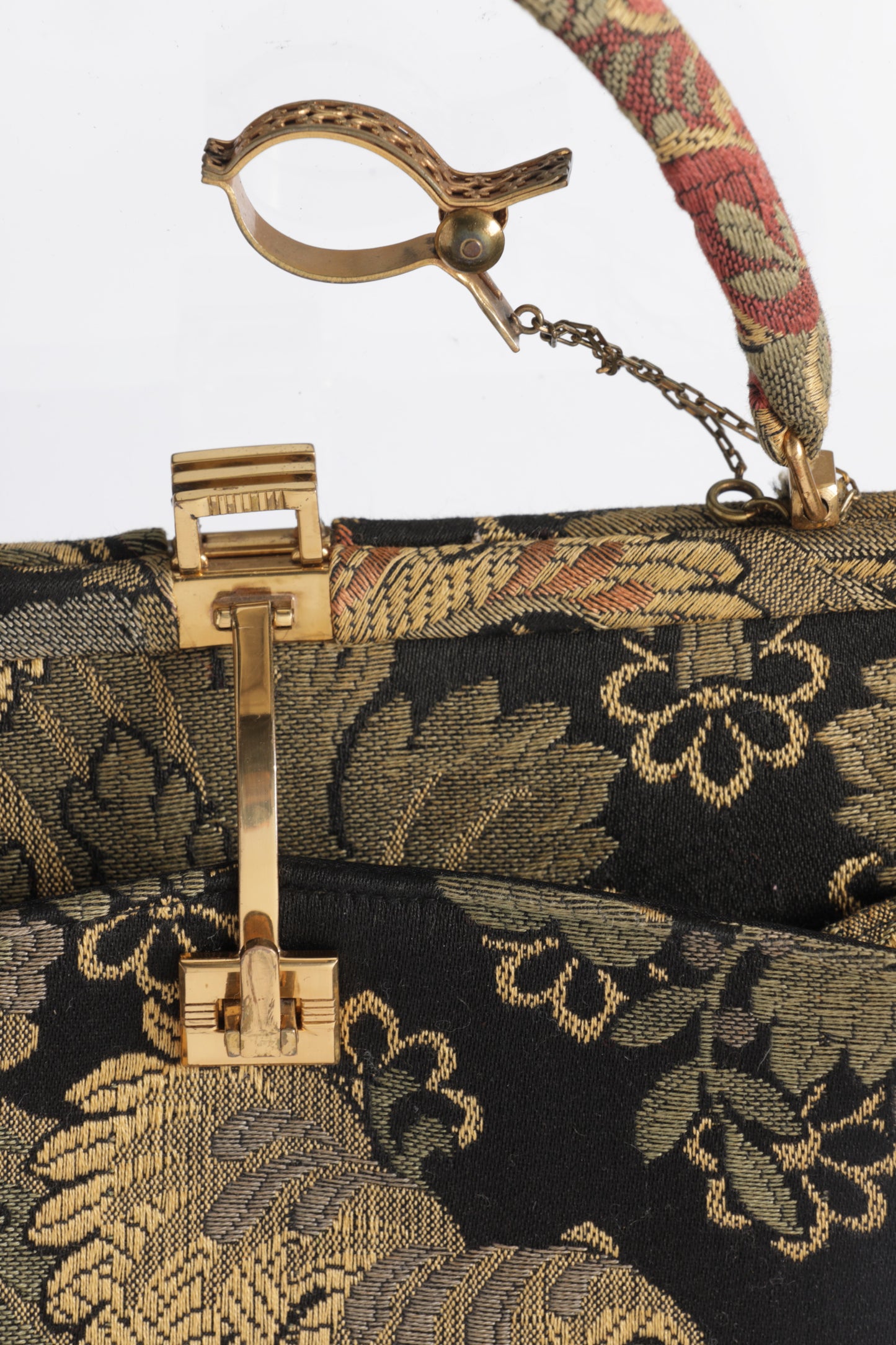 1960s embroidered handbag, golden hardware, with scarf holder.