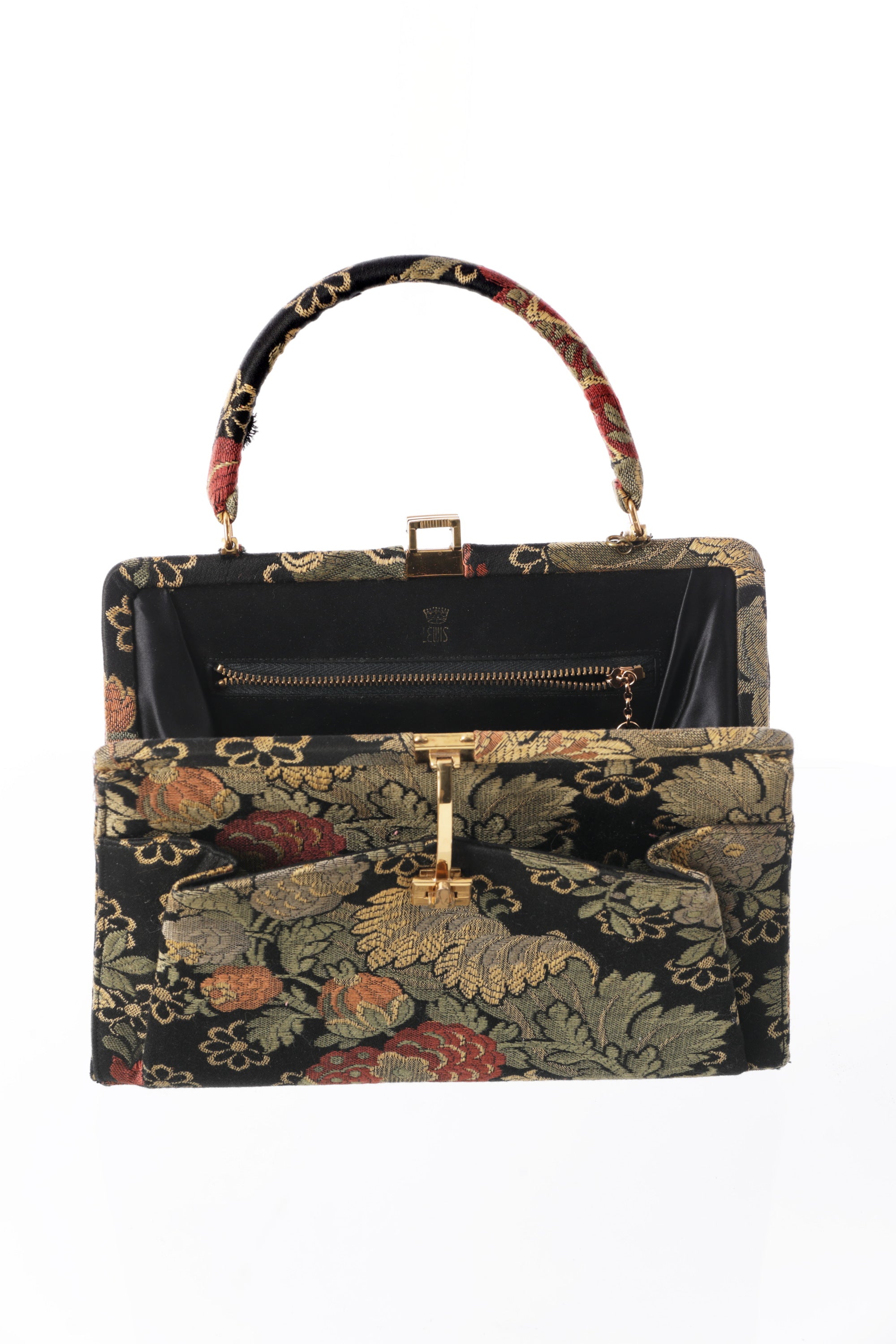 1960s embroidered handbag, golden hardware, with scarf holder.