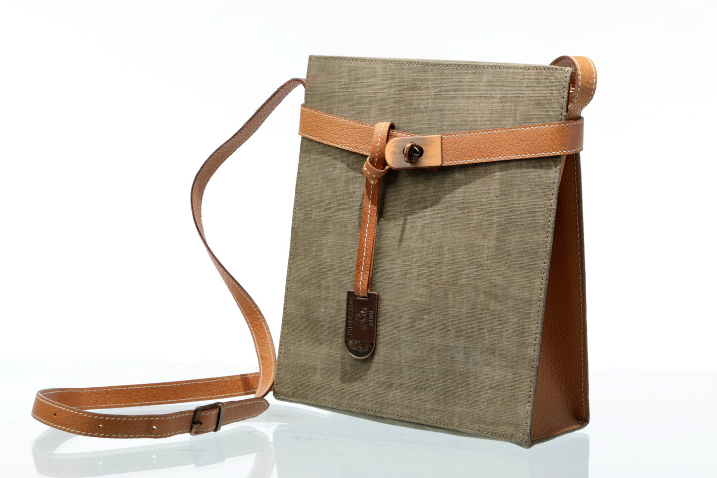 Fendissime shoulder bag in natural leather and mud green canvas