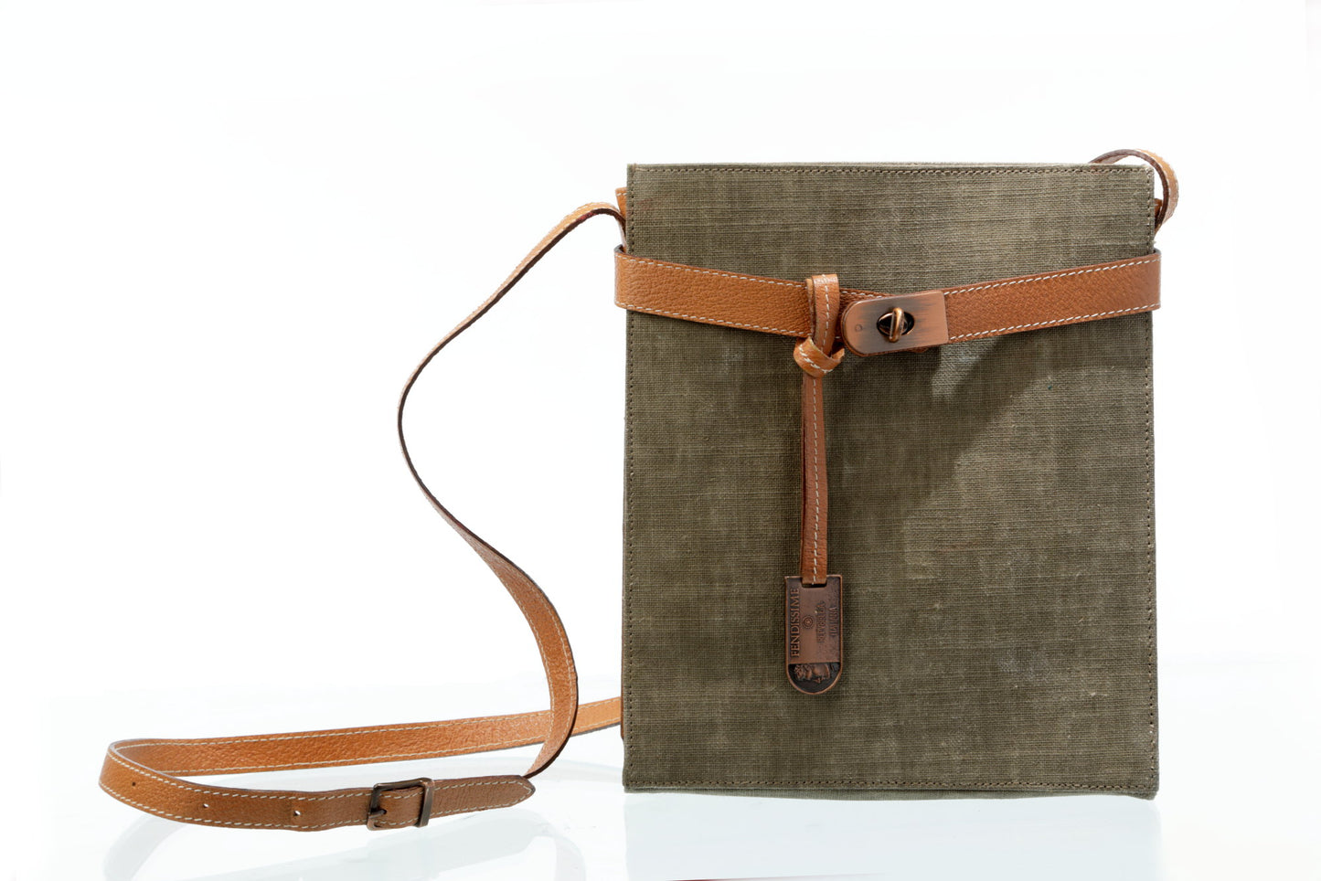 Fendissime shoulder bag in natural leather and mud green canvas