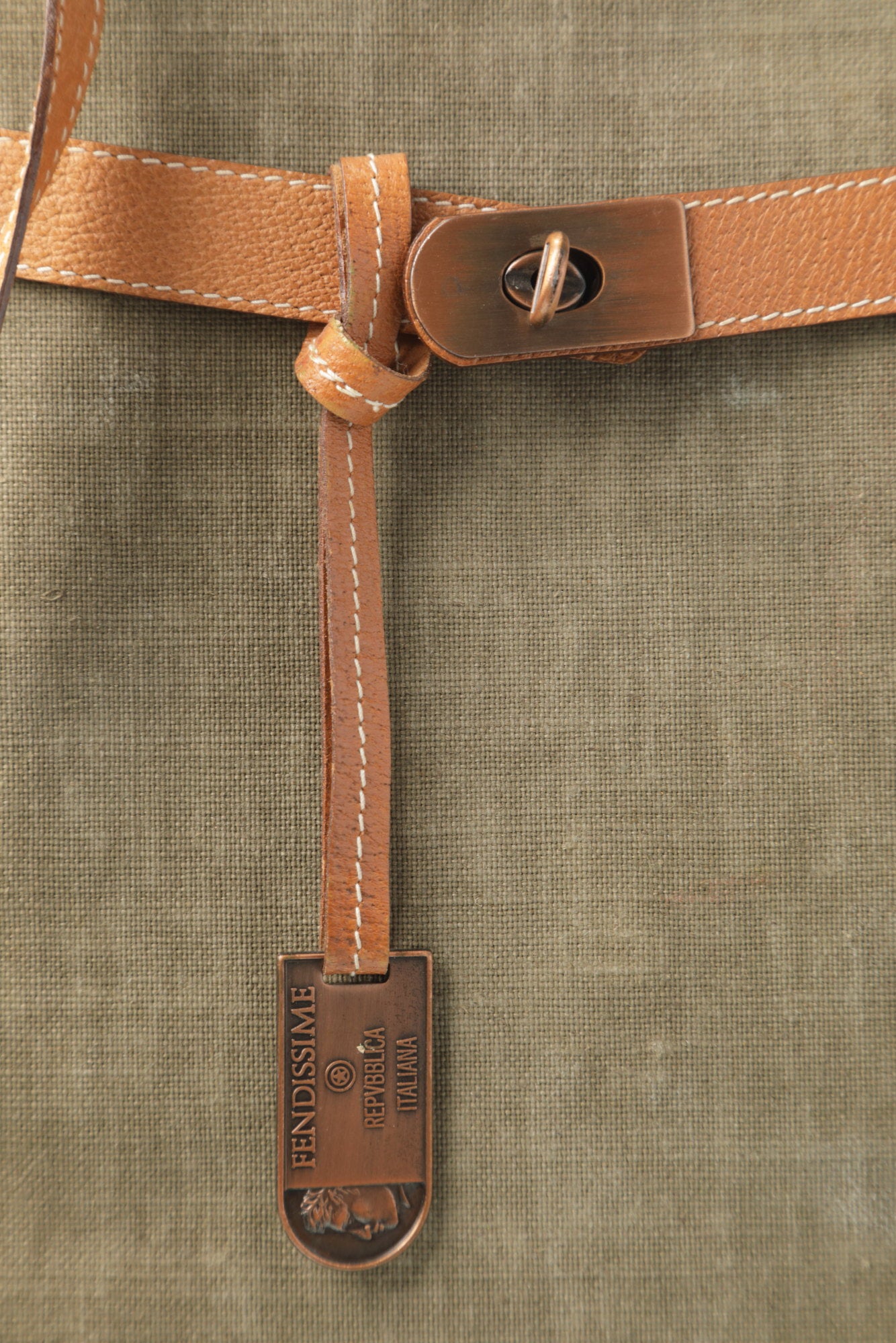 Fendissime shoulder bag in natural leather and mud green canvas