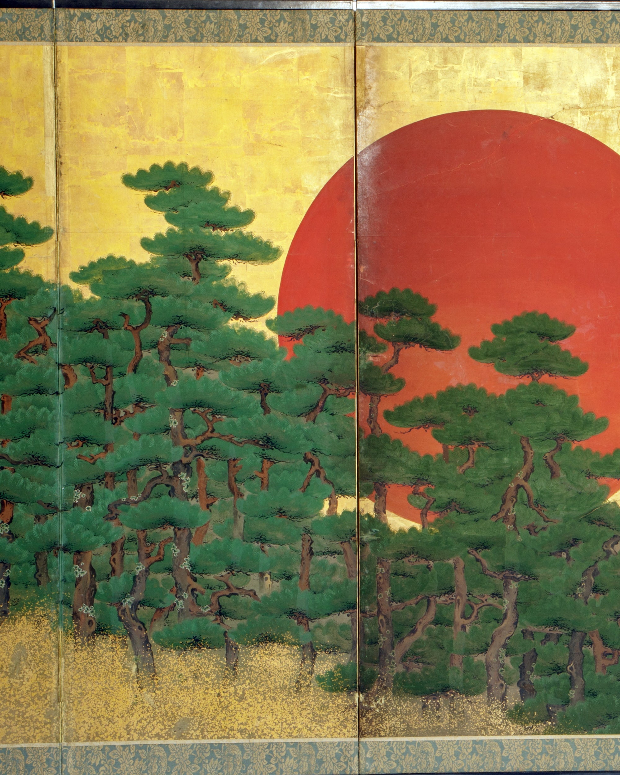 Byōbu con pini e sole rosso