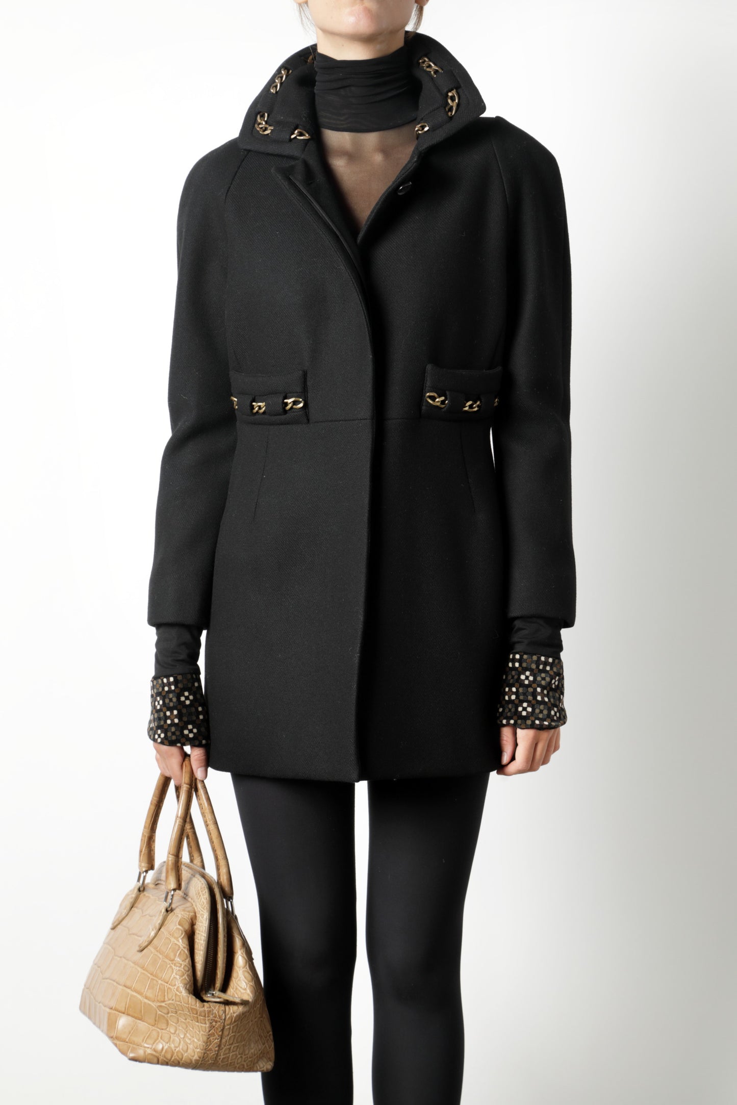 Black Chloe coat with golden chain inserts