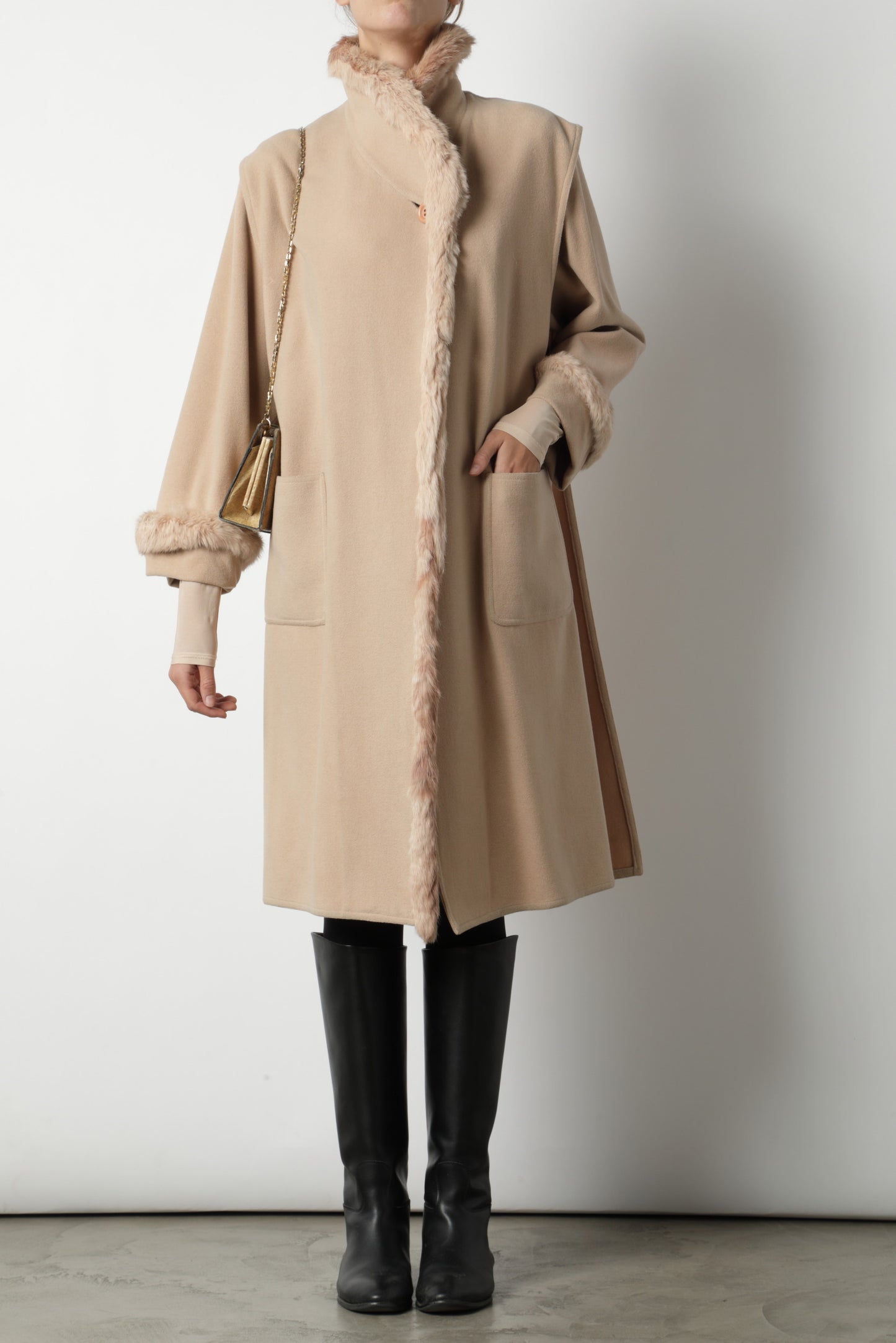 Camel coat with fur lapels and cuffs