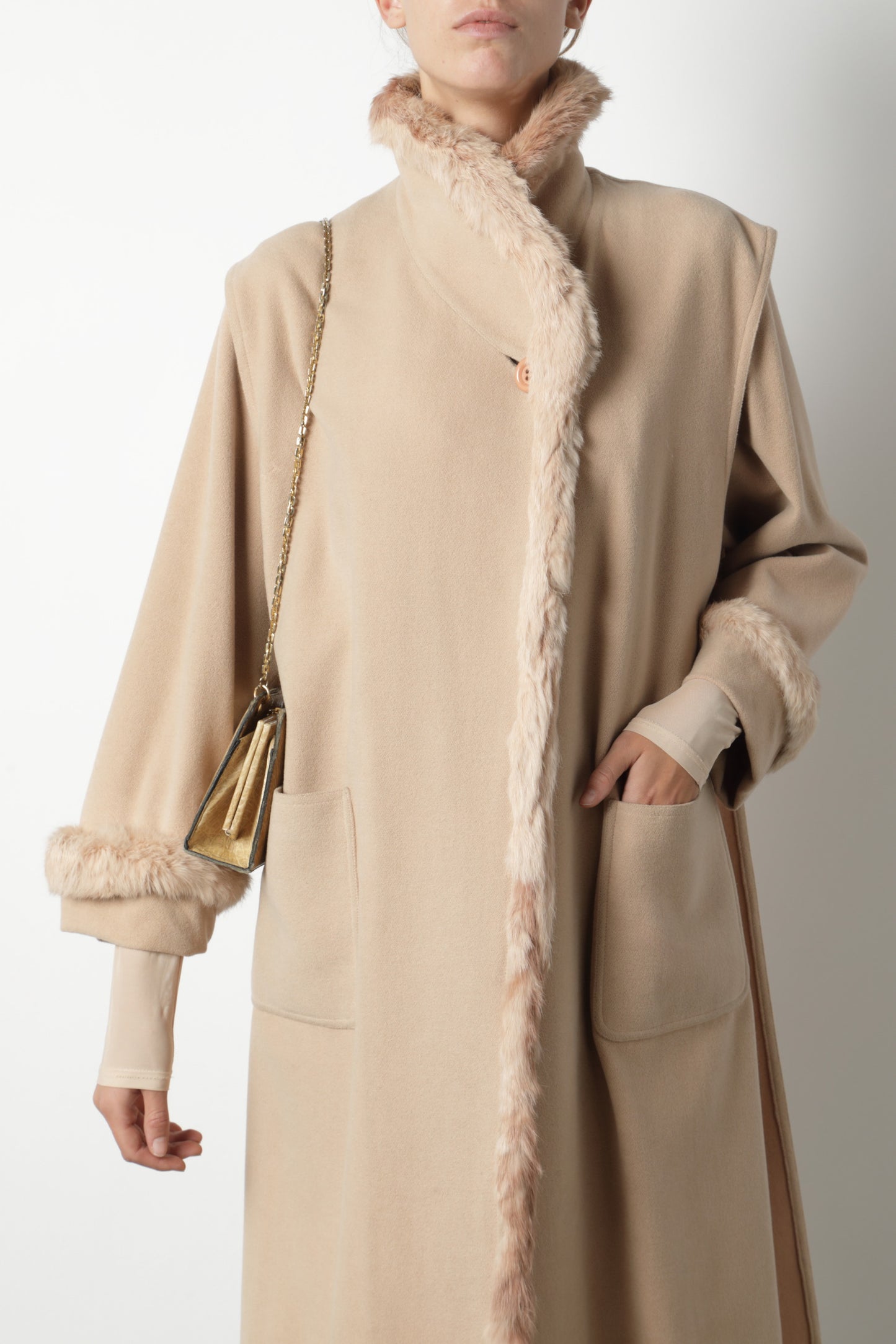 Camel coat with fur lapels and cuffs