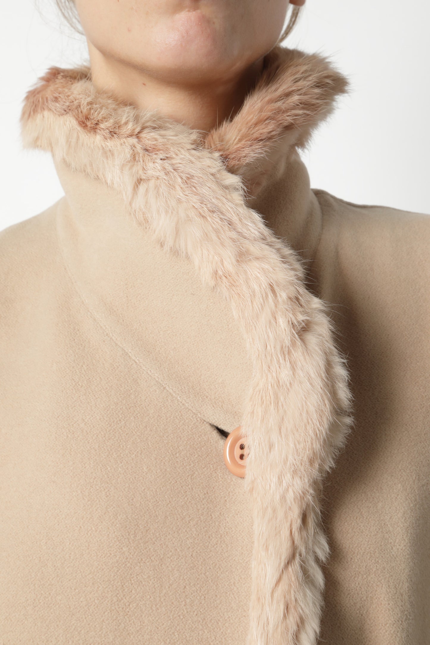 Camel coat with fur lapels and cuffs