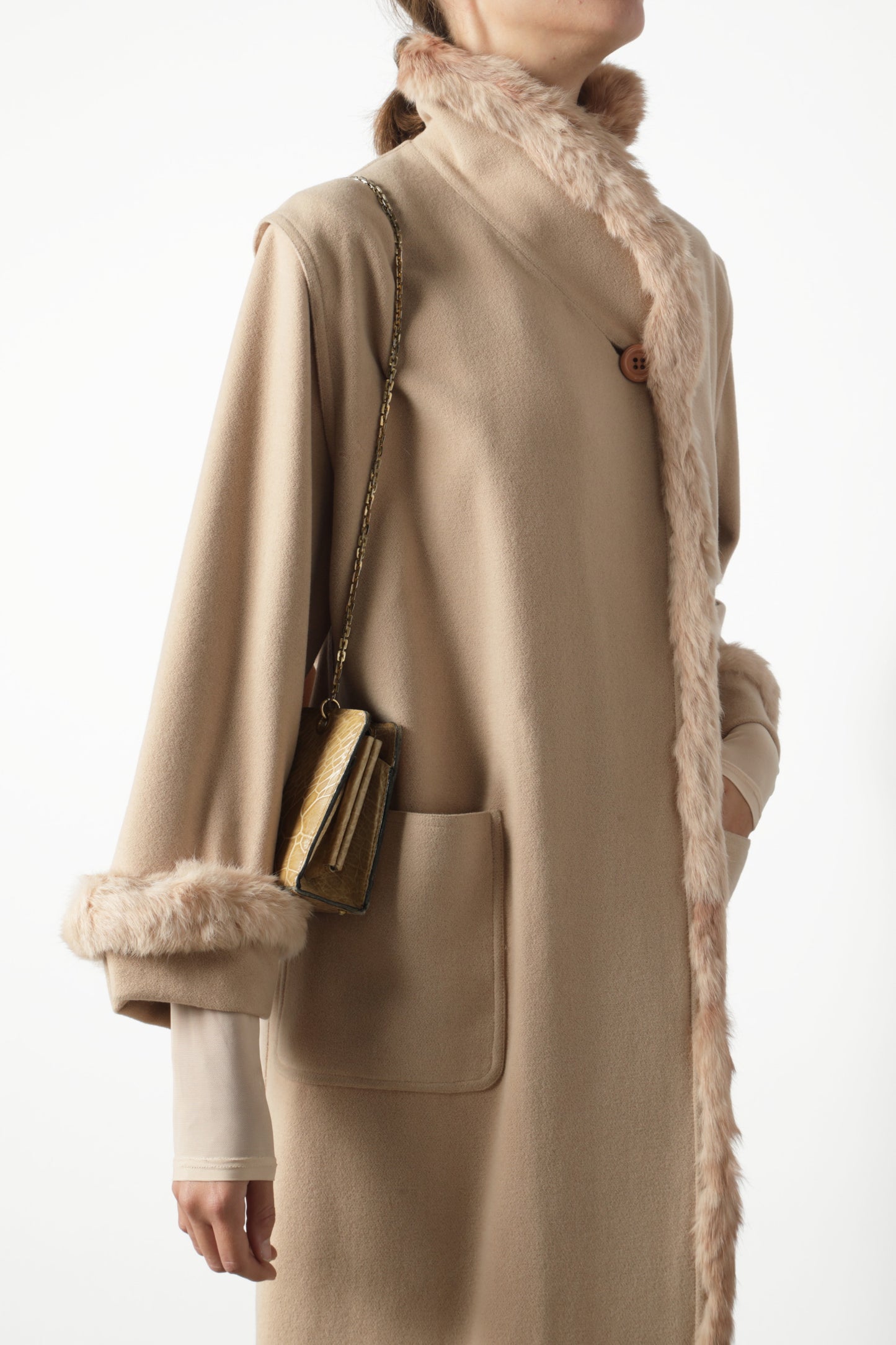 Camel coat with fur lapels and cuffs