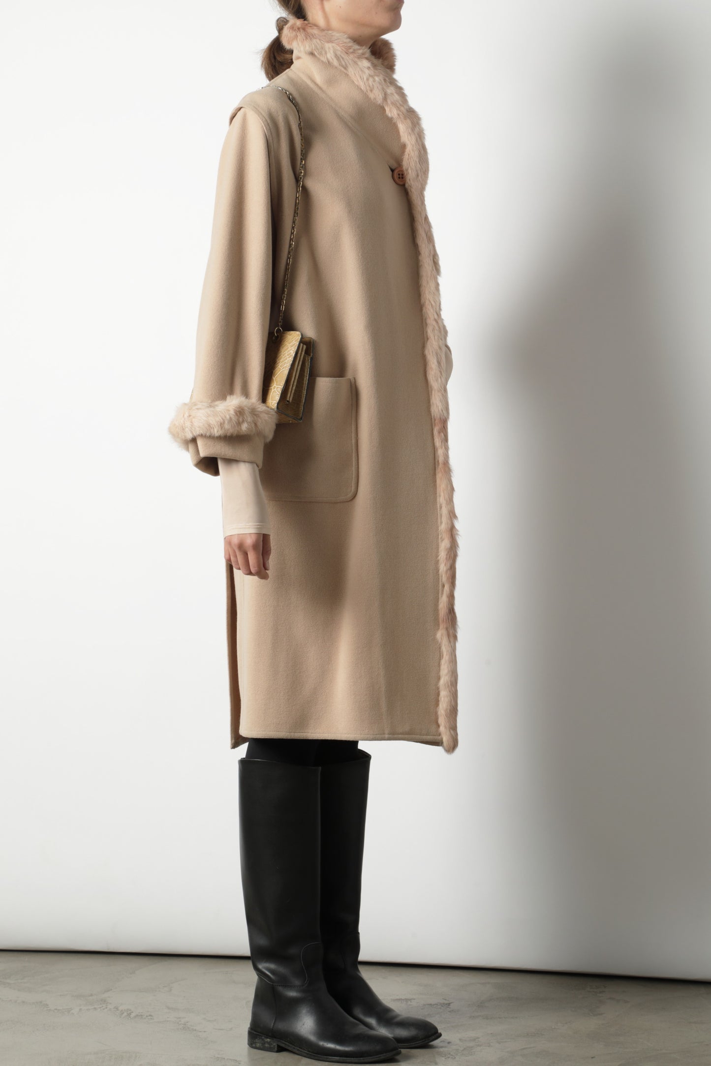 Camel coat with fur lapels and cuffs