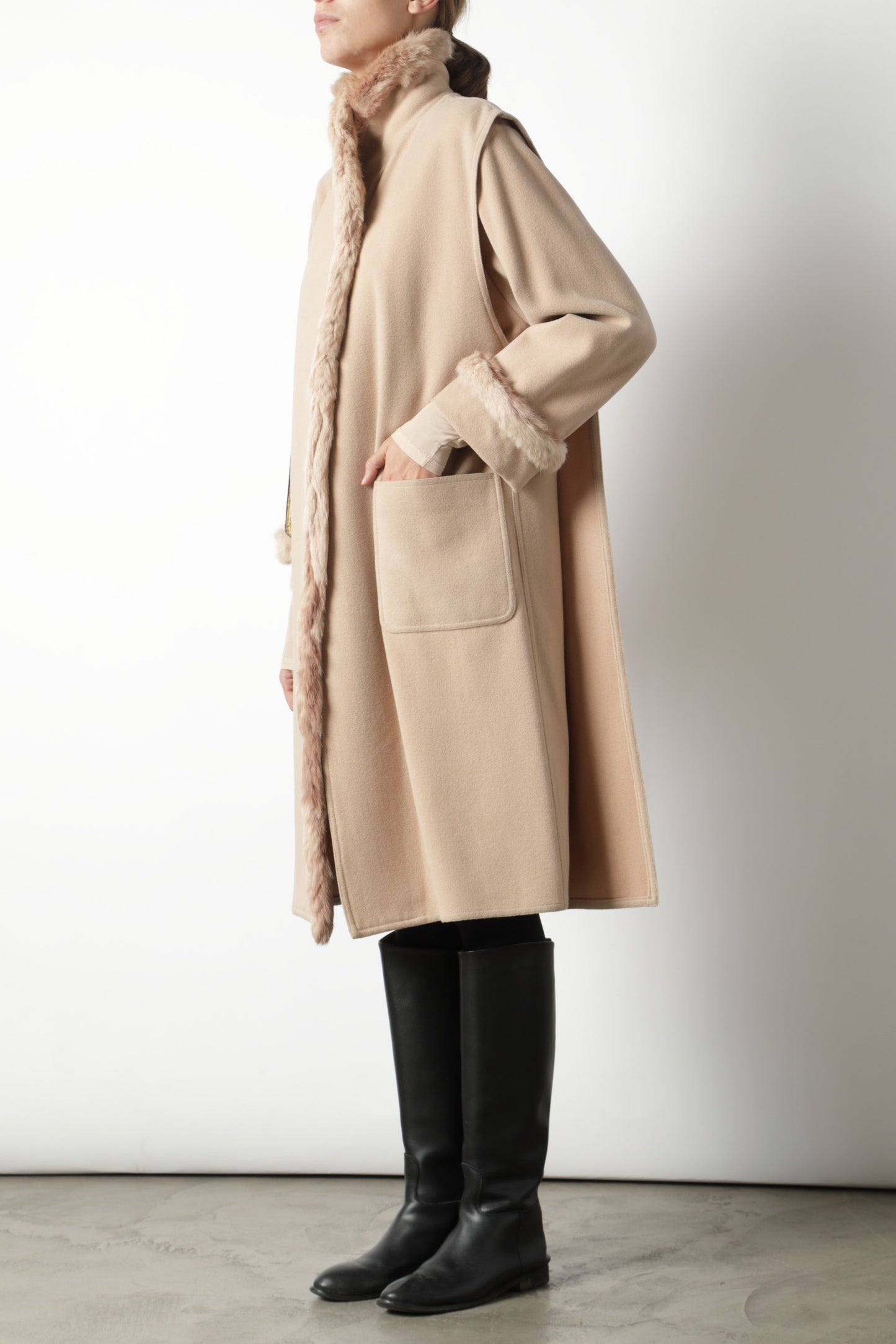 Camel coat with fur lapels and cuffs