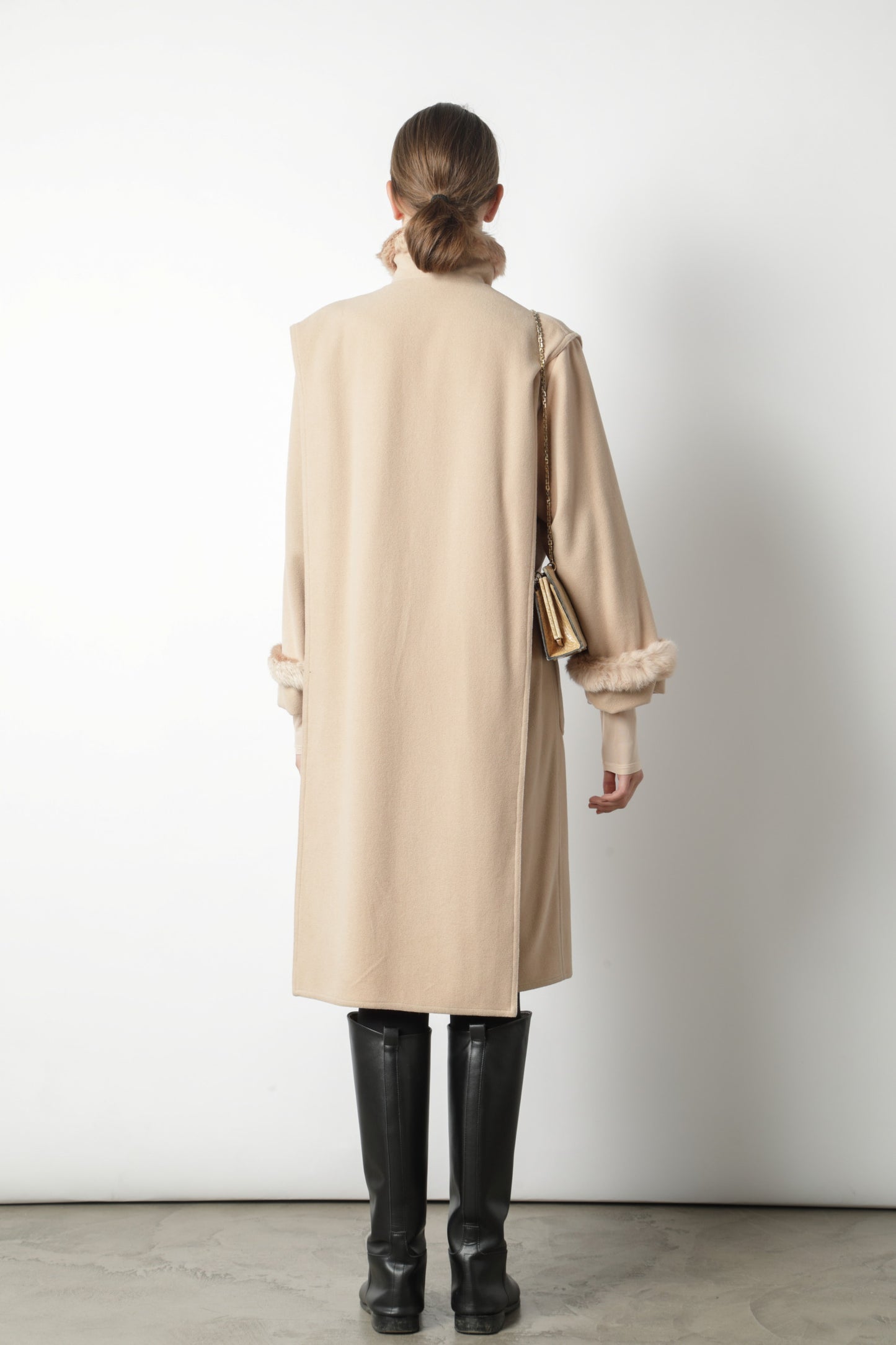 Camel coat with fur lapels and cuffs