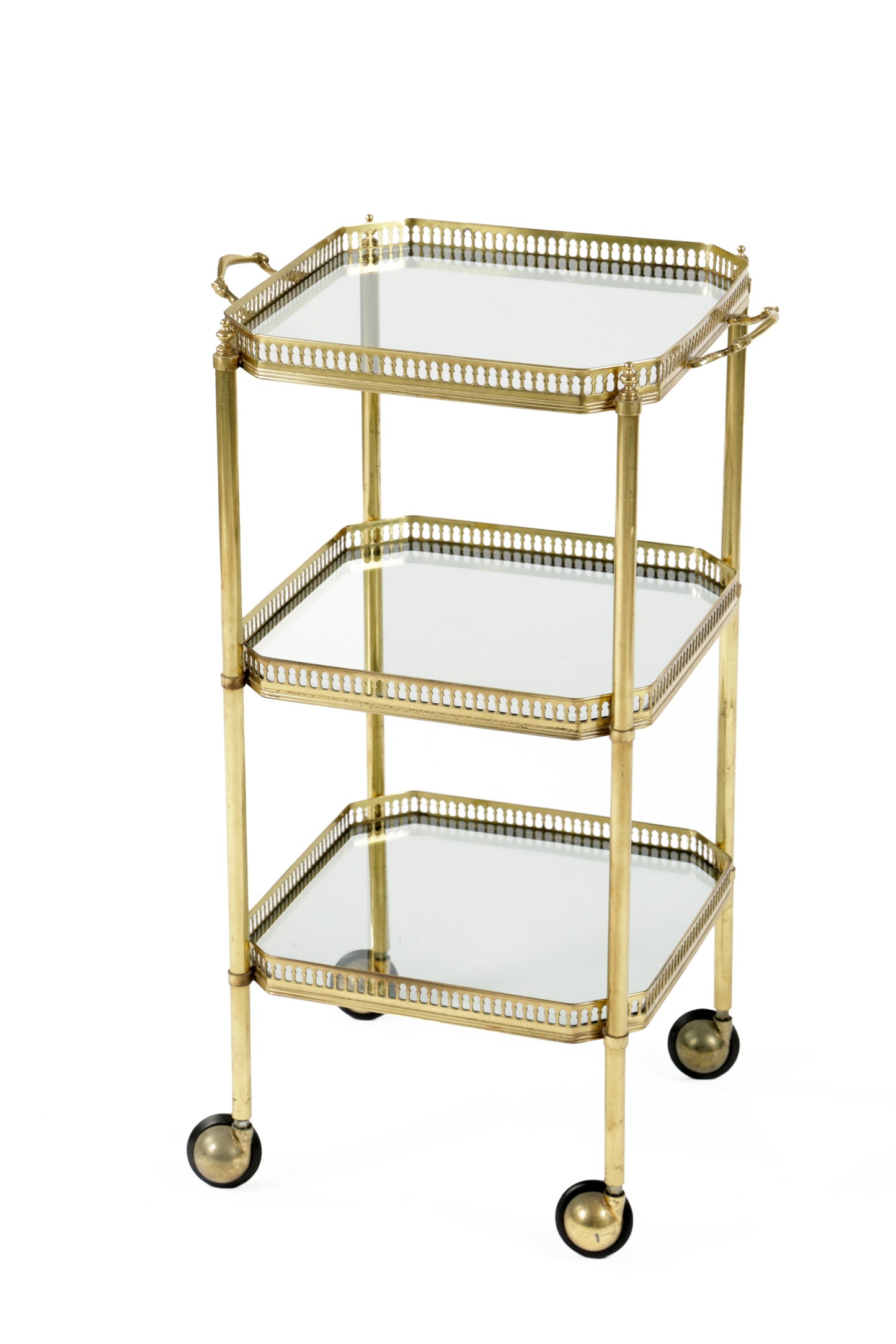 1960s brass trolley with three shelves