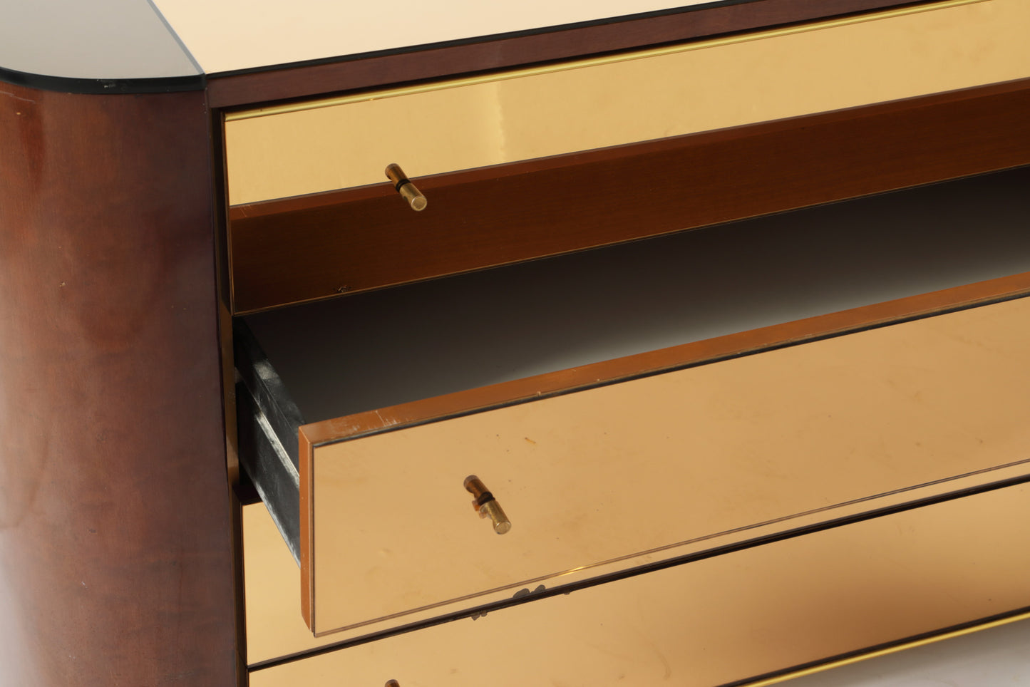 Chest of drawers in briarwood and smoked glass from the 70s