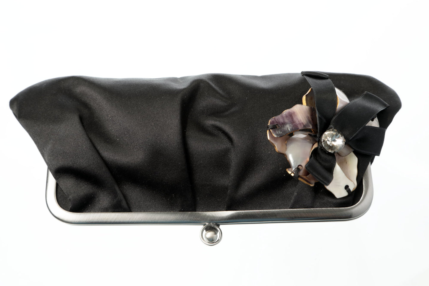 Evening clutch in black satin with floral application by Marni