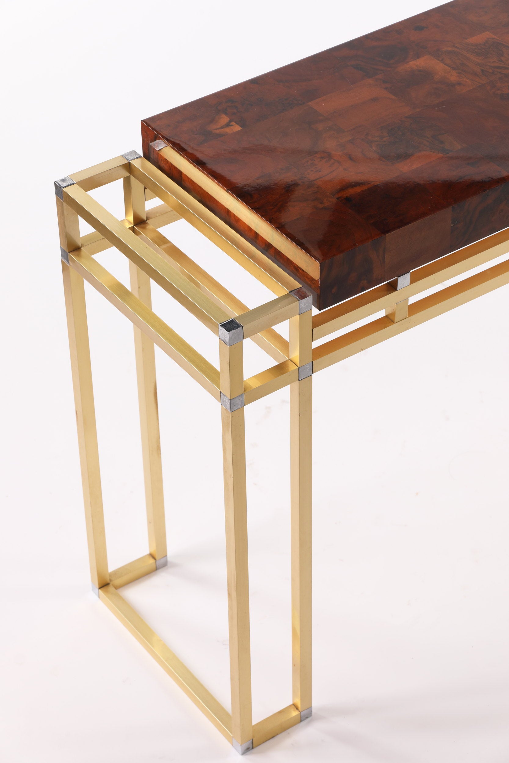 Willy Rizzo console table in briar root, metal and brass from the 1970s
