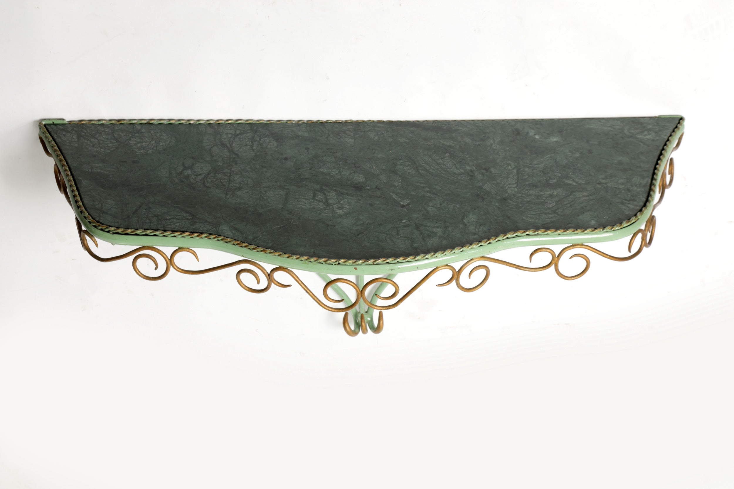 Enamelled iron console table in green marble from the 60s