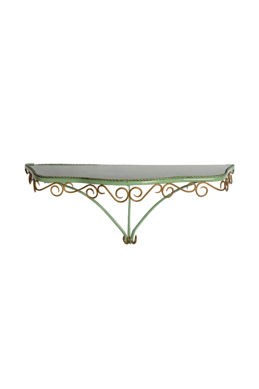 Enamelled iron console table in green marble from the 60s
