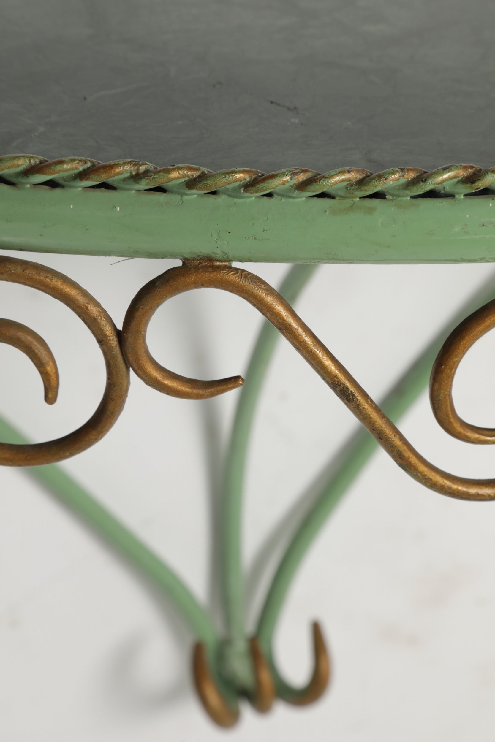 Enamelled iron console table in green marble from the 60s