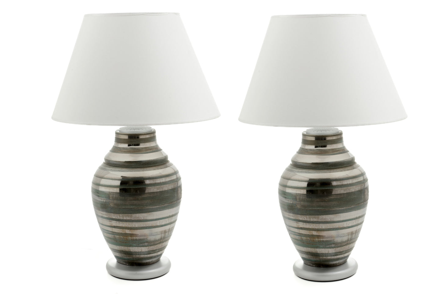 Pair of table lamps from the 70s in ceramic with silver bands