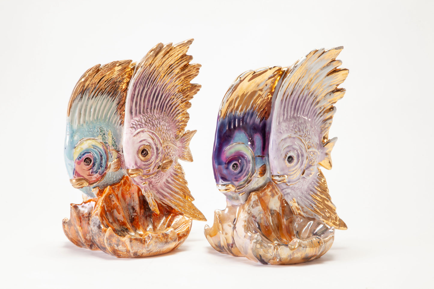 Pair of ceramic centrepieces with shaded glazed fishes from the 1950s