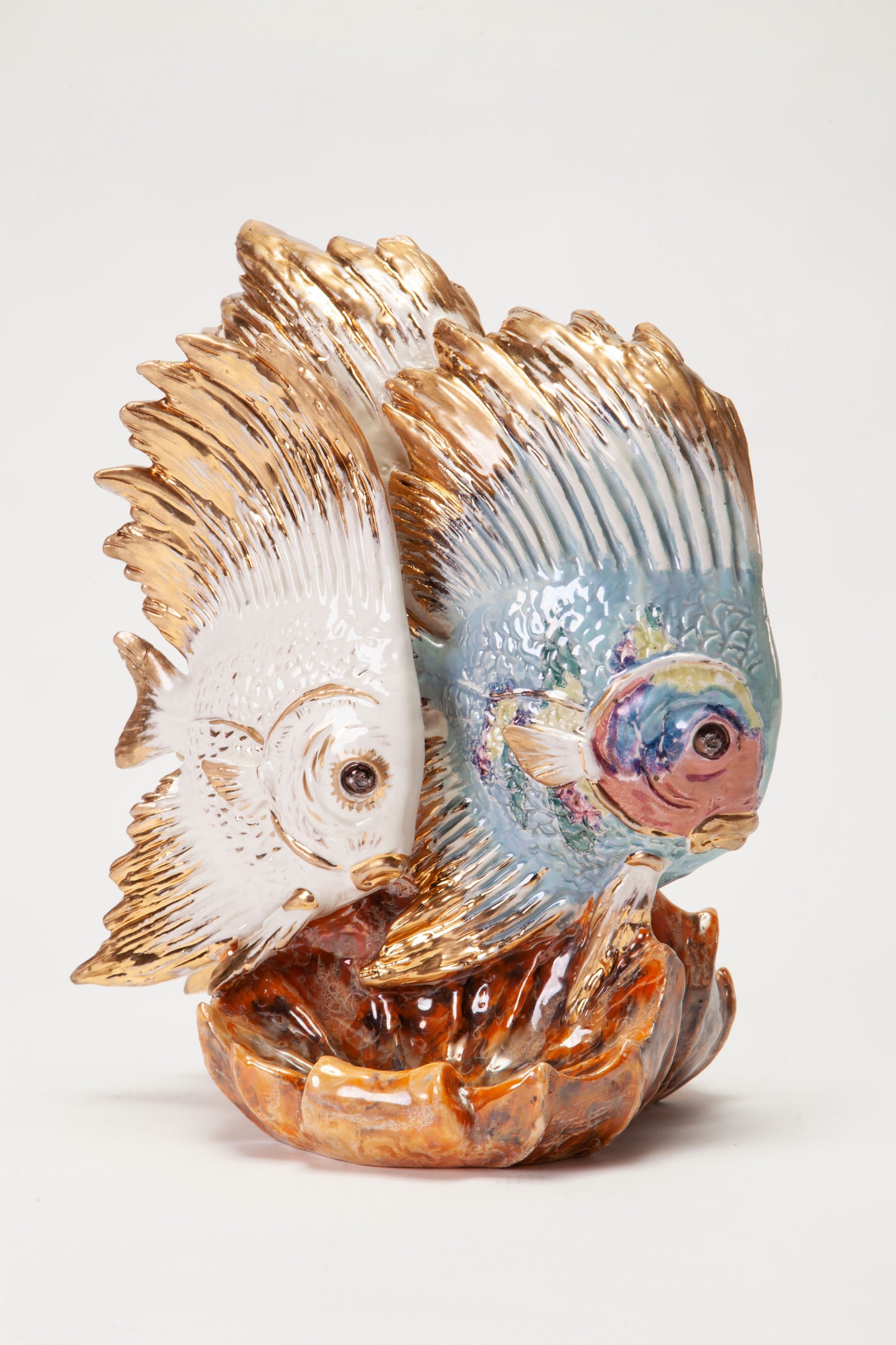 Pair of ceramic centrepieces with shaded glazed fishes from the 1950s