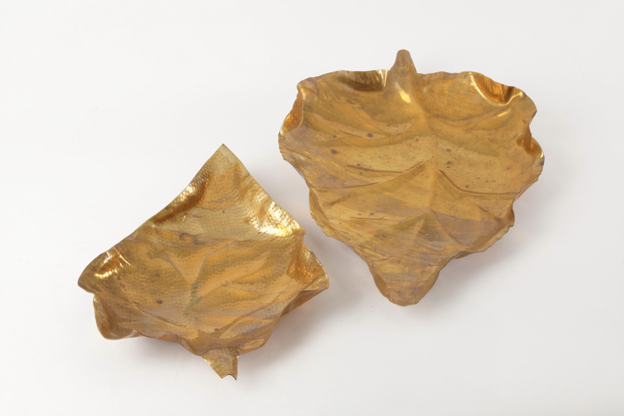 Pair of hand-hammered brass leaf centerpieces from the 1970s