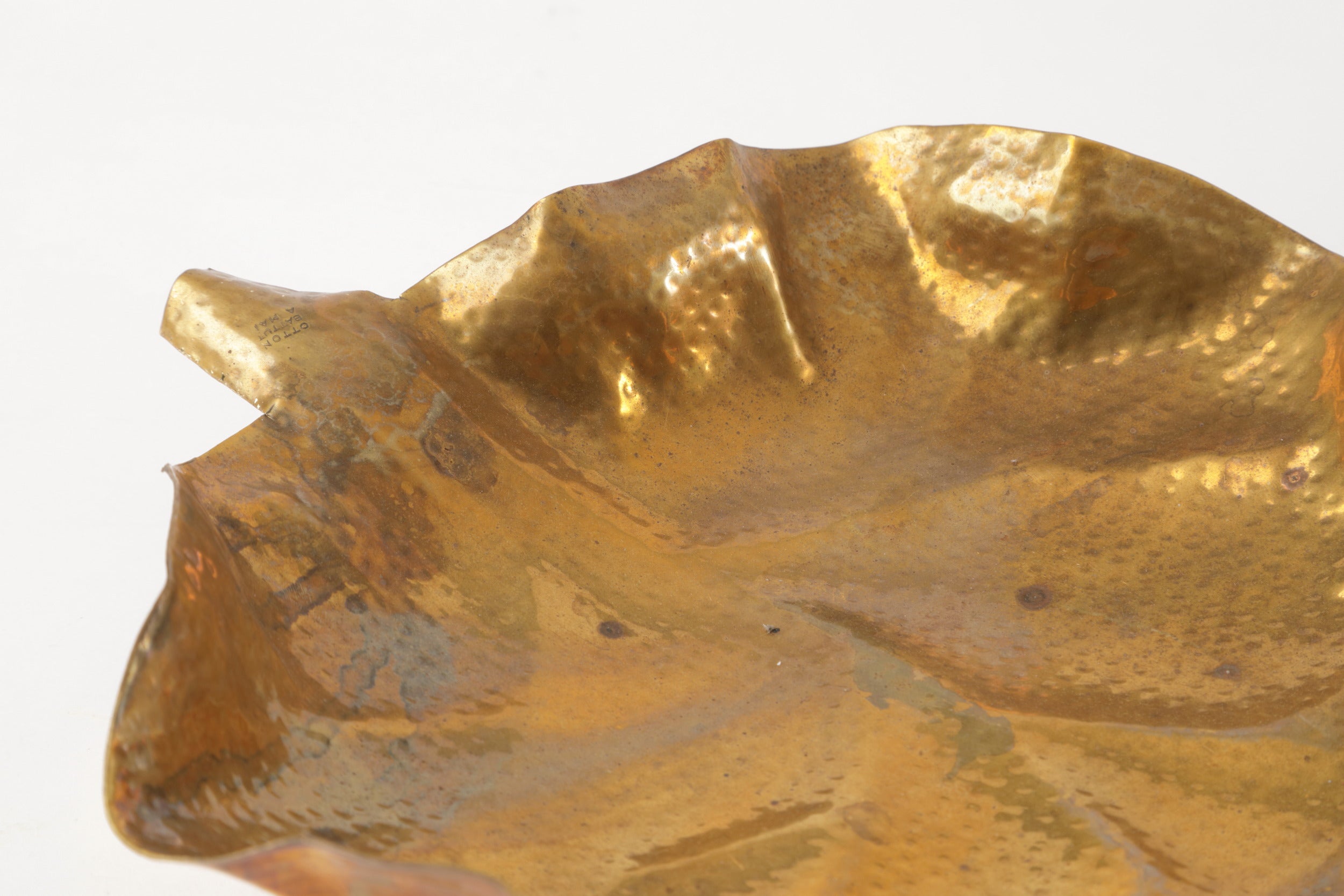 Pair of hand-hammered brass leaf centerpieces from the 1970s