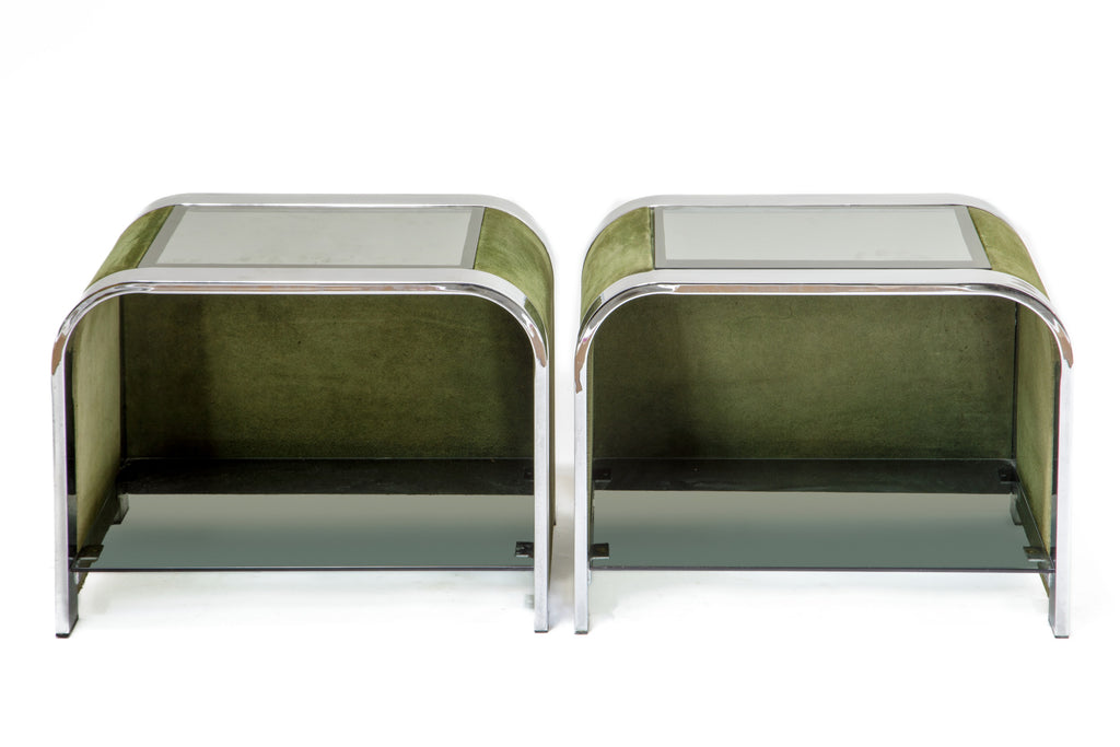 Coppia comodini anni 70 velluto verde e vetro fumé